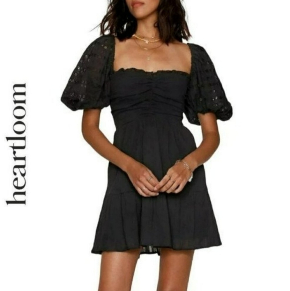 Heartloom Black Pleated Mini Dress Puff Sleeve